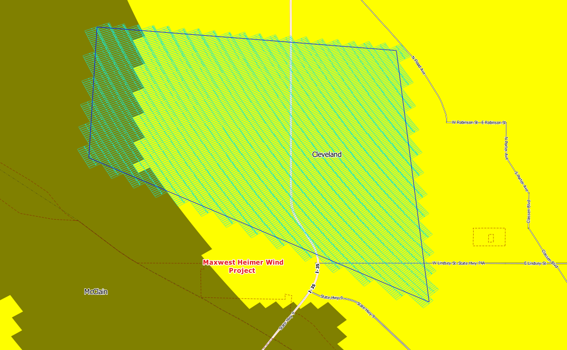 Example of a wind farm boundary analysis with impacted bins highlighted.