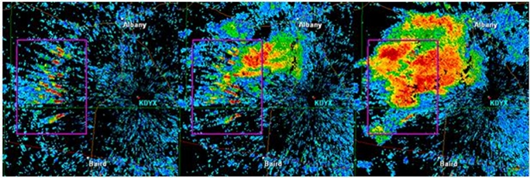 3-panel image of reflectivity when a storm is developing over a wind farm.