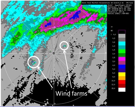 Image of precipitation accumulation having high amounts in areas without rain due to wind turbine clutter.