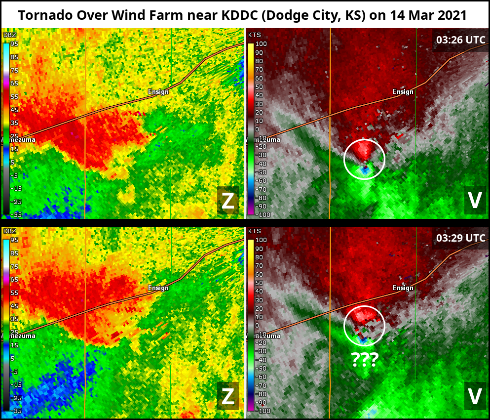 Images of reflectivity and velocity showing how a wind farm obscures a tornadic signature.